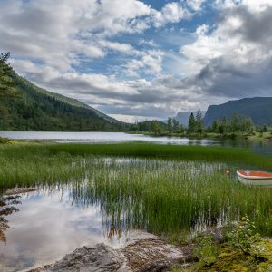אגם המקרין רוגע שלווה וקסם ירוק פסטוראלי ,נורבגיה