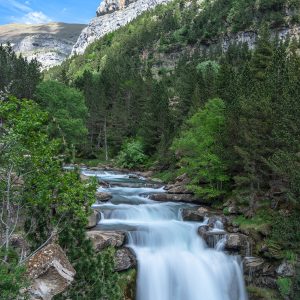 סידרת מפלים בין הרי הפירנאים בין עצים ירוקים