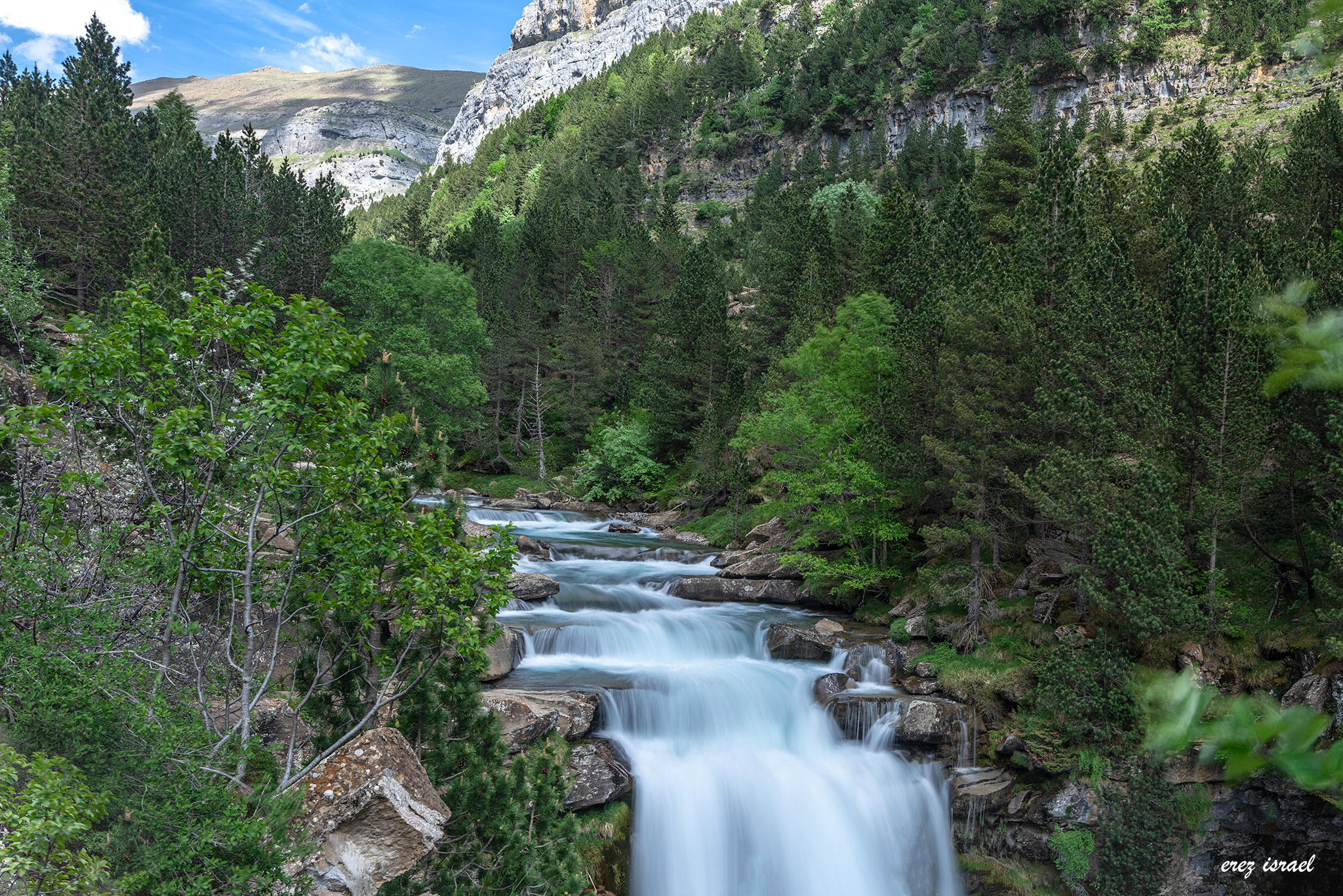 סידרת מפלים בין הרי הפירנאים בין עצים ירוקים